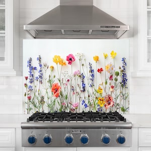 Wildflower Glass Backsplash Panel, Tempered Glass Kitchen Splashback for Stove Wall, Botanical Floral Meadow Design, Easy Clean