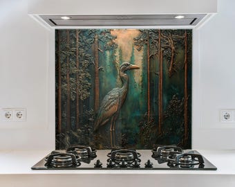 Forest Heron Backsplash – Tempered Glass Kitchen Wall Art for Kitchen and Bathroom