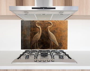 Heron Bird Kitchen Backsplash: Rustic Gold Tempered Glass Stove Splash Guard