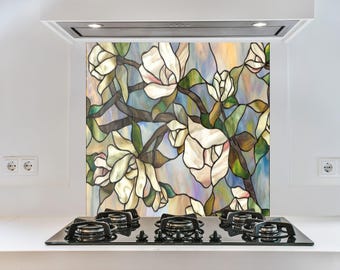 Tempered Glass Kitchen Backsplash, Stained Flower Backsplash, Floral Backsplash for Kitchen Splashback for Stove Back Cover, Backsplash