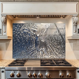 Carrelage pour dosseret en forêt de cerfs majestueux - Crédence de cuisine rustique de la faune sauvage pour cuisinière, panneau de cuisinière en verre trempé