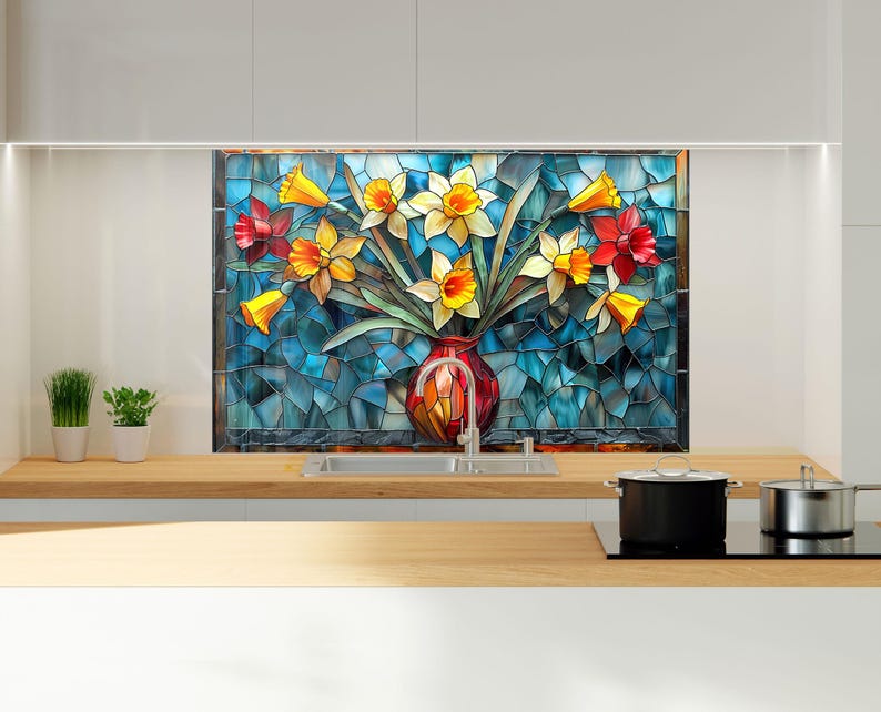 Stained floral glass backsplash wall art behind modern kitchen stove