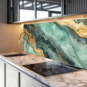 Grün-gold marmorierte Glasrückwand - Luxuriöse abstrakte gehärtete Glasrückwand für Küchenherd