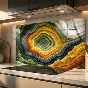 Green Agate Glass Backsplash Tile, Geode Style Kitchen Tempered Glass Splashback, Earth Tone Abstract Stove Back Panel