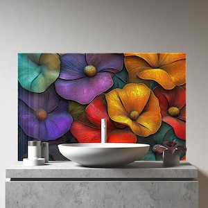 Tempered Glass Kitchen Backsplash, Copper Flower Backsplash, Stove Backsplash, Flowers Splashback for Stove Back Cover, Floral Backsplash