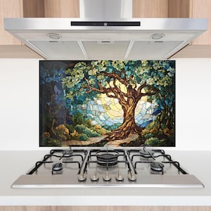 Backsplash de vidro temperado, Backsplash Life of Tree, Backsplash manchado para Backsplash de árvore manchada para tampa traseira de fogão, Backsplashtove