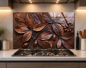 Copper Botanical Glass Backsplash, Embossed Leaf Kitchen Splashback, Bronze Nature Stove Back Panel