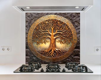 Tree of Life Glass Backsplash Panel, Tempered Glass Kitchen Splashback, Behind Stove Wall Protector, Rustic Gold Decor, Easy Clean