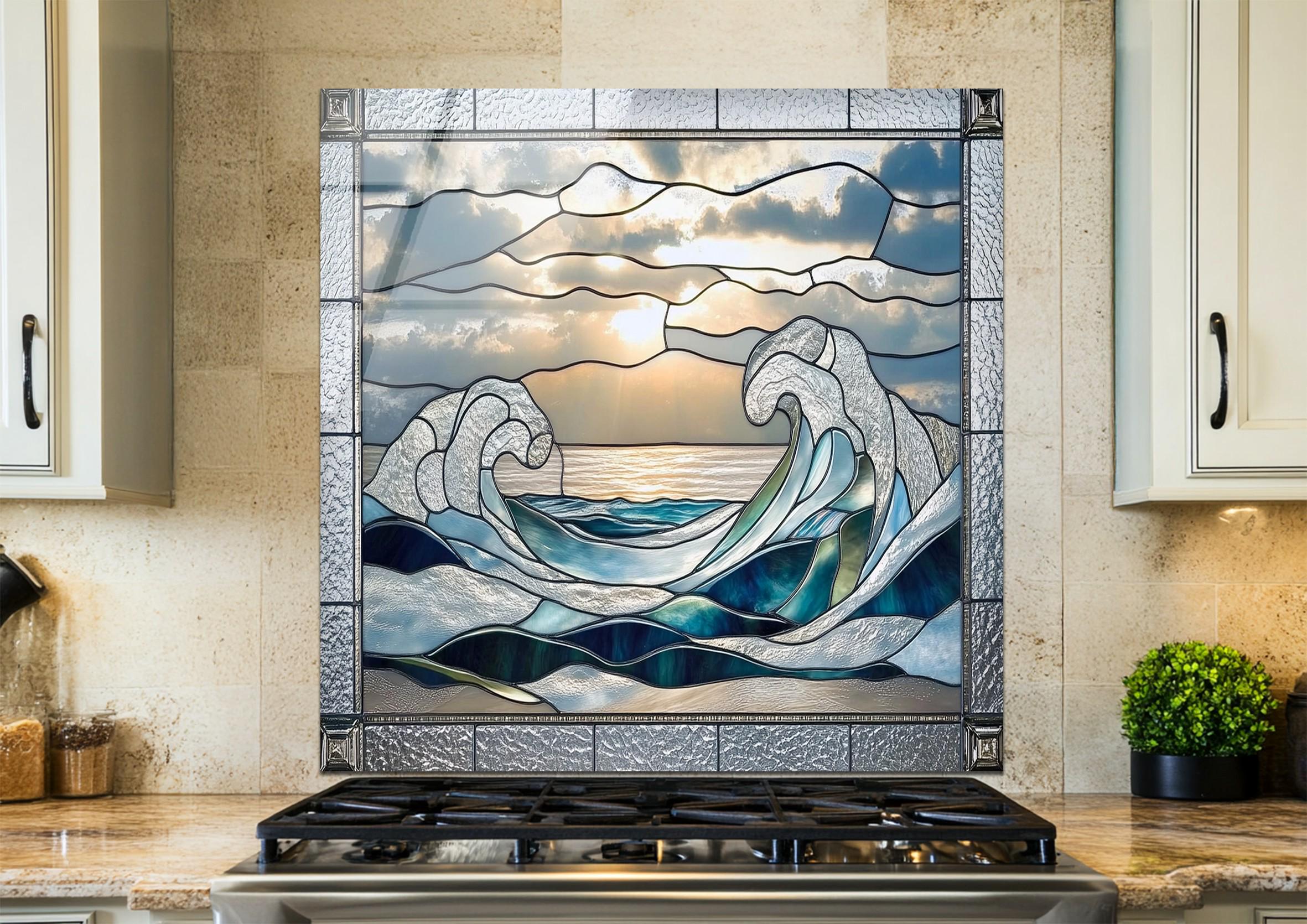Stained Glass Ocean Wave Wall Art on Glass – Blue Sea & Sunset Design ...