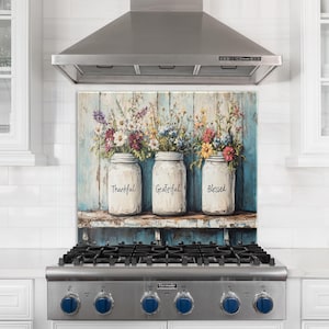 花柄強化ガラス製ストーブバックスプラッシュ：メイソンジャーの花