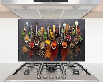 Kruidenlepels keukenachterwand van gehard glas – kleurrijke kookkruiden kunst aan de muur, hittebestendig fornuis, spatschermplaat