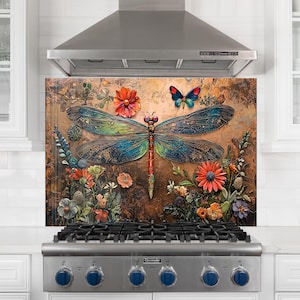 Floral Dragonfly Tempered Glass Backsplash: Kitchen Stove Cover