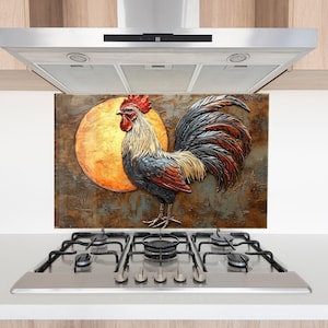 Protector contra salpicaduras de cocina Rooster: protector de salpicaduras de estufa de vidrio templado estilo rústico de granja