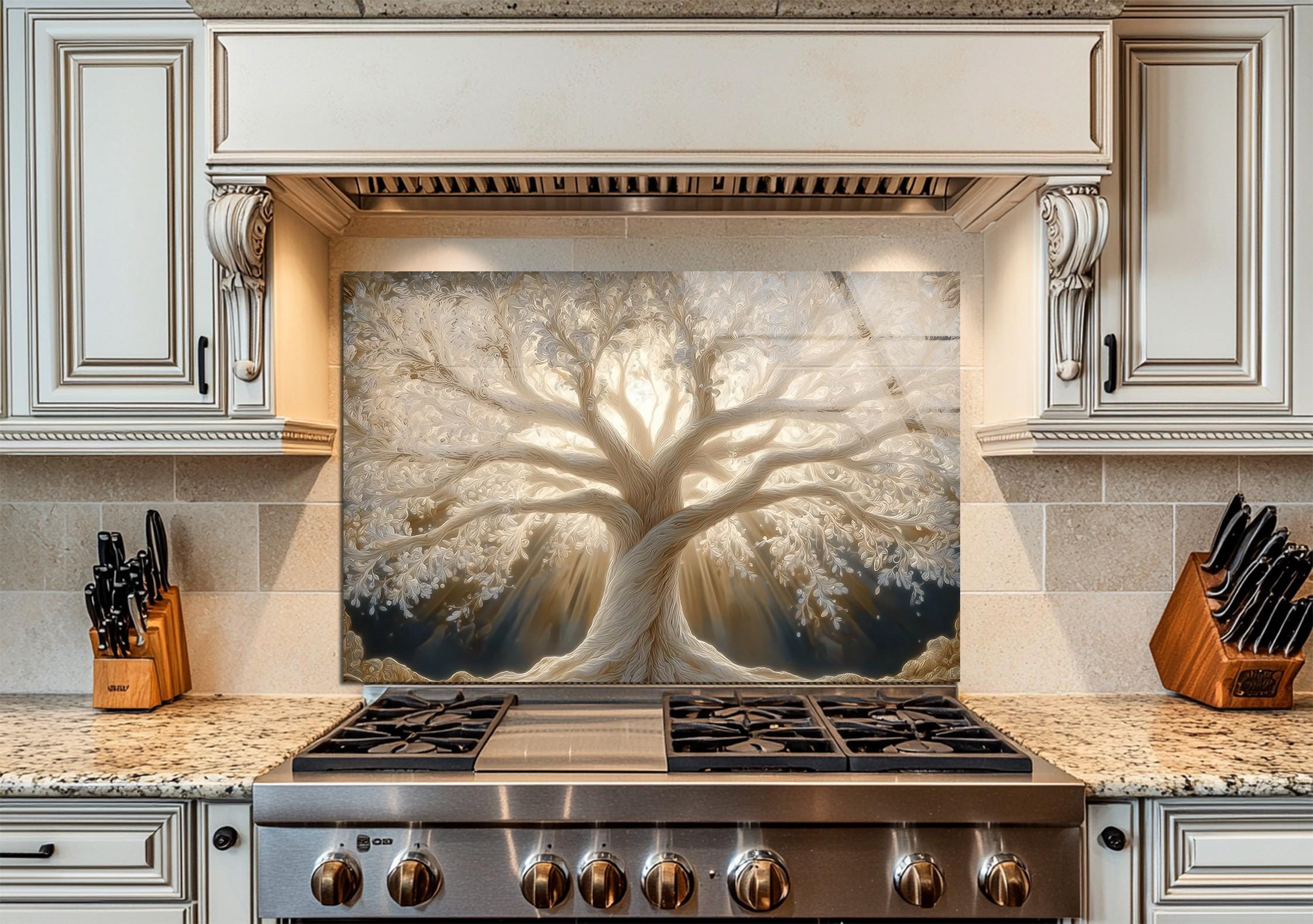 Radiant White Tree of Life Tile, Life of Tree Tempered Glass Backsplash ...