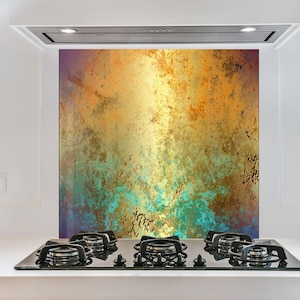 Goud abstract glazen achterwandpaneel, spatscherm keuken gehard glas voor kachelmuur, groenblauw gouden marmeren textuur, gemakkelijk schoon te maken