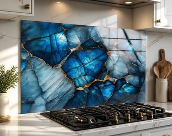 Blue Labradorite Effect Tempered Glass Backsplash, Gold Vein Agate Kitchen Splashback, Luxury Geode Stove Panel