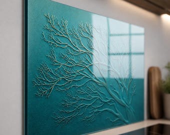 Teal Tree Branch Tempered Glass Backsplash, Gold Highlight Botanical Relief Effect, Modern Turquoise Kitchen Splashback