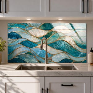 May include: A kitchen splashback panel featuring a stained glass design with flowing, wave-like patterns in shades of teal, turquoise, and white, separated by thin gold-toned lines, positioned behind a stainless steel kitchen tap and sink.