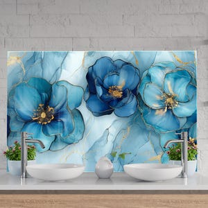 Blauwe glazen achterwand met bloemen, spatscherm keuken gehard glas voor kachelmuur, marmerlook met gouden aders, eenvoudig schoon te maken