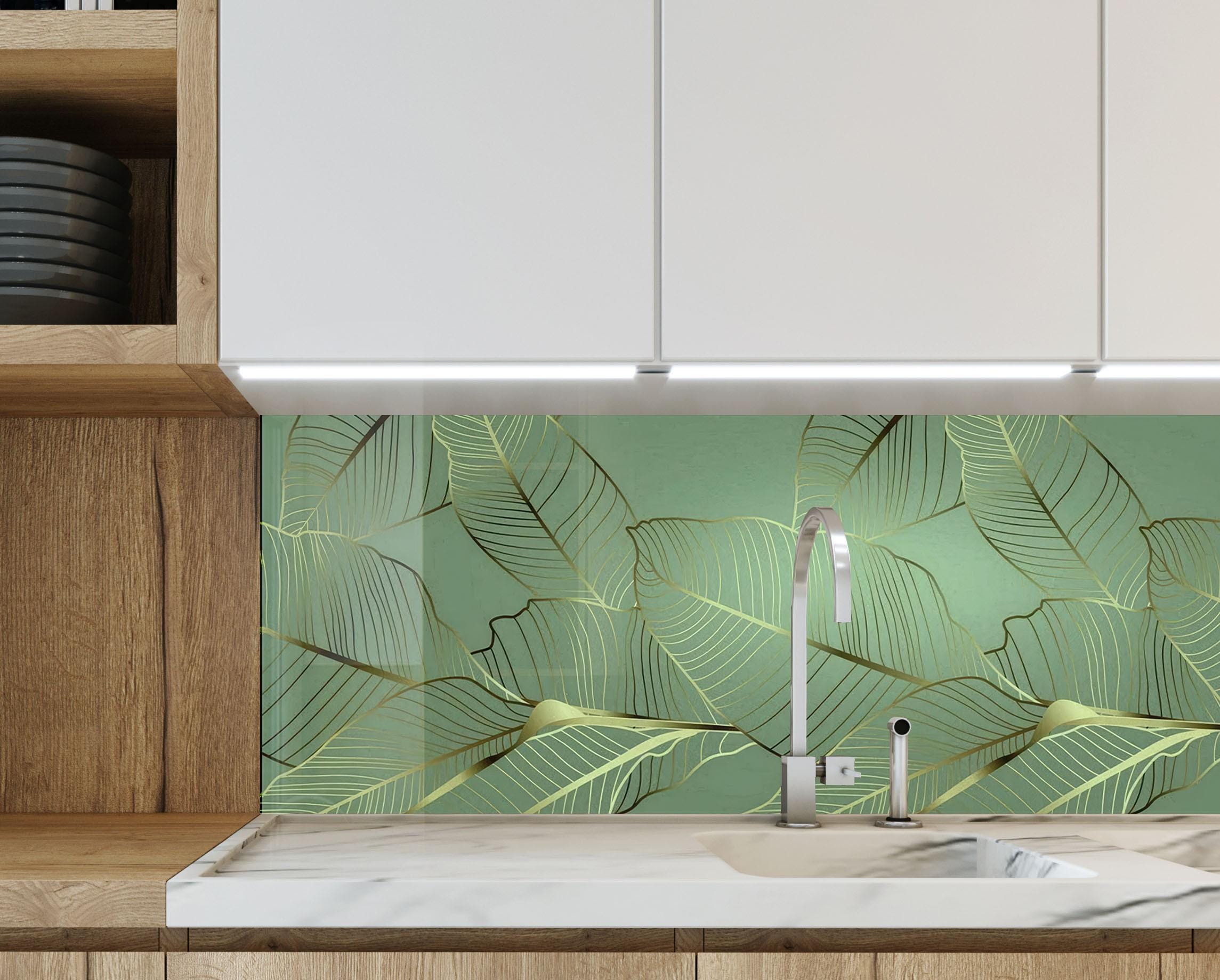 Leaf Pattern Splashback Sage Green Gold Leaf Tempered Glass Backsplash, Botanical Splashback - Etsy
