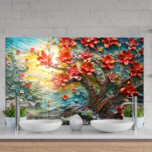Tempered Glass Backsplash, Stained Flower Backsplash, Stove Backsplash for Kitchen Splashback for Stove Back Cover, Floral Backsplash