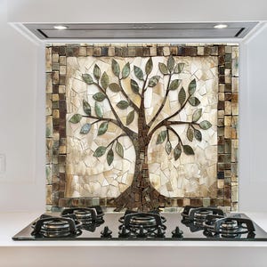 Tree of Life Tempered Glass Kitchen Backsplash – Nature Inspired Mosaic Style Stove Cover Wall Art for Modern Kitchens