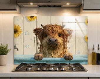 Highland Cow Tempered Glass Backsplash, Funny Farm Animal Bath Artwork, Sunflower Rustic Kitchen Splashback Panel