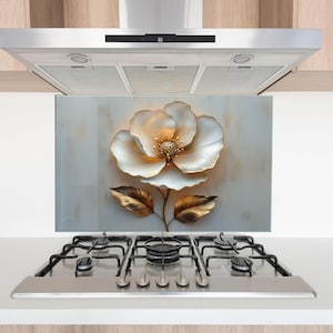 Tempered Glass Kitchen Backsplash, Gold Flower Backsplash, Stove Backsplash for Kitchen Splashback for Stove Back Cover, Floral Backsplash