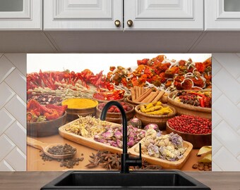 Kleurrijke kruidenlepels keukenachterwand van gehard glas – moderne culinaire muurkunst spatscherm hittebestendig paneel