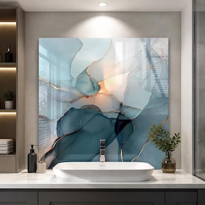 Soft Blue Onyx Glass Backsplash Tile , Gold Vein Kitchen Splashback Panel, Kitchen Marble Look Stove Back Panel