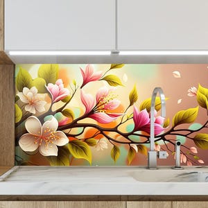 Tempered Glass Kitchen Backsplash, Floral Backsplash, Stove Backsplash for Kitchen Flower Splashback for Stove Back Cover, Floral Backsplash