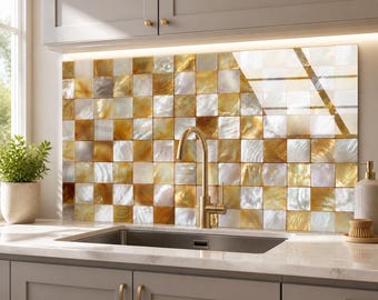 Gold Mother of Pearl Effect Tempered Glass Backsplash, Amber Square Mosaic Kitchen Splashback, Luxury Neutral Stove Panel