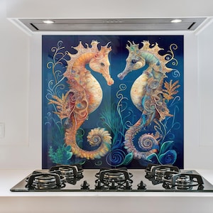 Sea Horse Tempered Glass Kitchen Backsplash - Vibrant Coastal Decor