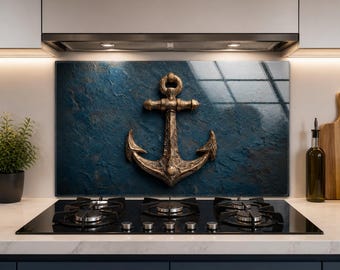 Nautical Anchor Tempered Glass Backsplash, Antique Bronze Effect on Navy Blue, Coastal Kitchen Splashback Glass Panel