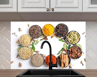 Achterwand keuken van gehard glas en spatwand van gehard glas Spice Circle – Muurkunst kleurrijke kookkruiden, hittebestendig fornuispaneel