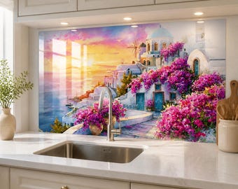 Santorini Watercolor Tempered Glass Backsplash, Pink Bougainvillea Blue Dome Sunset, Greek Island Kitchen Splashback