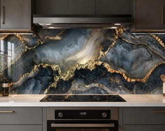 Black Agate Look Tempered Glass Backsplash, Gold Vein Geode Marble Effect, Luxury Dark Kitchen Splashback Panel