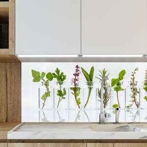 Botanical Tempered Glass Kitchen Backsplash,  Green Herbs Kitchen s,  Stove Splashback
