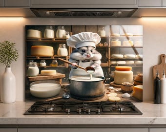 Hamster Cheese Maker Tempered Glass Backsplash, Cute Chef Kitchen Splashback, Whimsical Dairy Stove Panel
