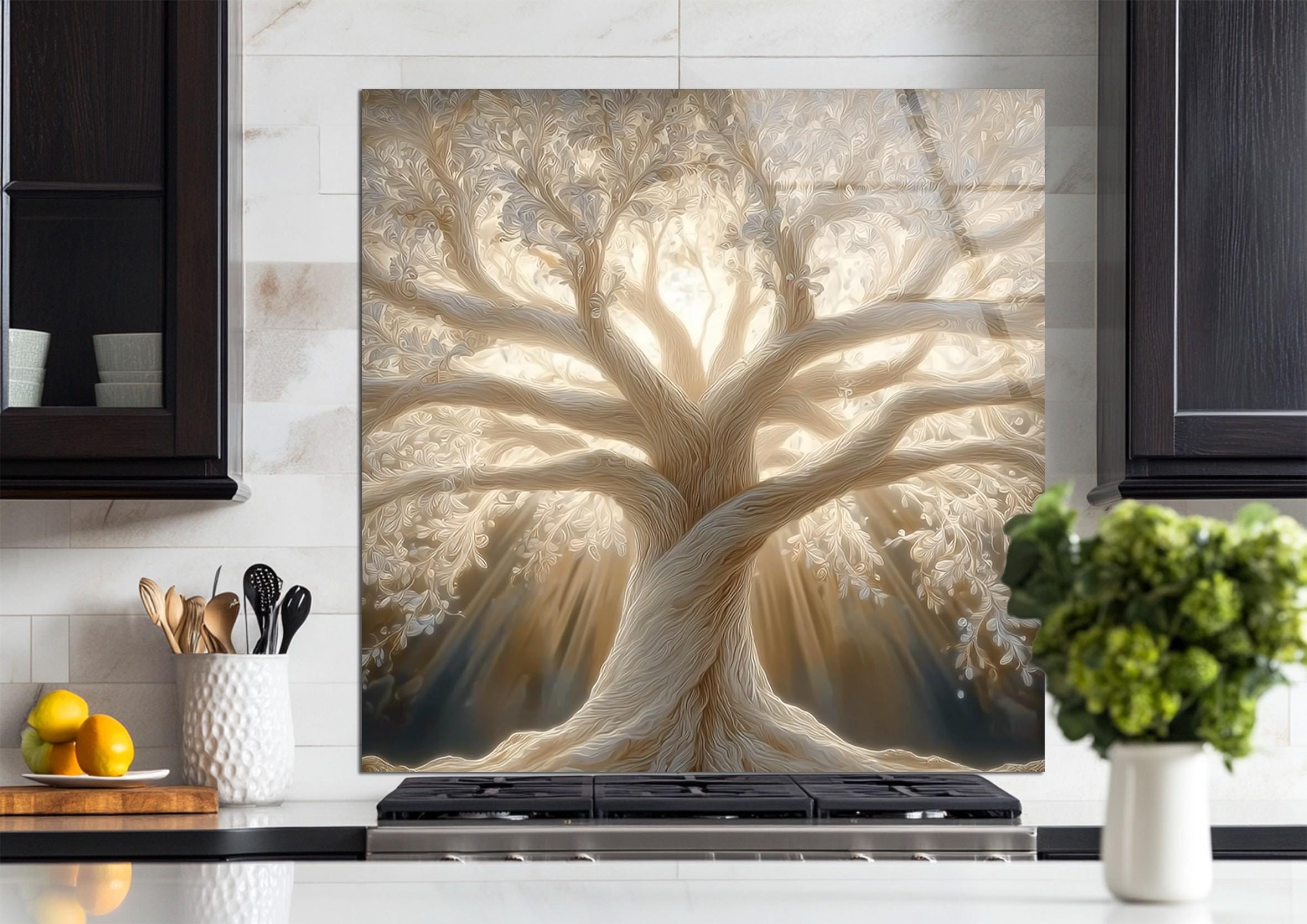 Radiant White Tree of Life Tile, Life of Tree Tempered Glass Backsplash ...