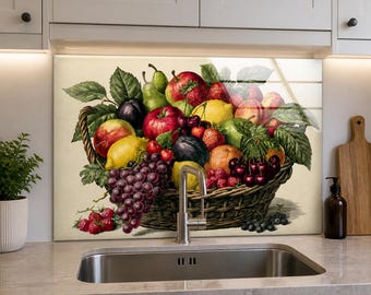 Fruit Basket Tempered Glass Backsplash, Vintage Botanical Kitchen Splashback, Colorful Orchard Still Life Stove Panel