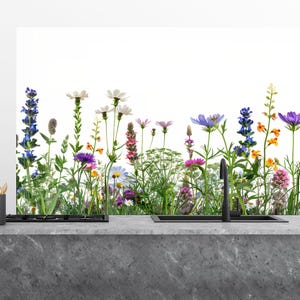 Panel ścienny ze szkła Wildflower, panel kuchenny ze szkła hartowanego na ścianę kuchenną, obramowanie z botaniczną łąką, łatwe czyszczenie
