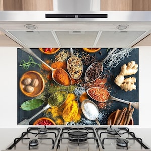 Tempered Glass Kitchen Spoon Spices Backsplash, Stove Backsplash for Kitchen Splashback for Stove Back Cover, Herbs Backsplash, Spices Decor