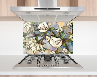 Floral Glass Backsplash Panel, Stained Glass Style Flower Tempered Glass Kitchen Splashback, Behind Stove Wall Protector, Easy Clean