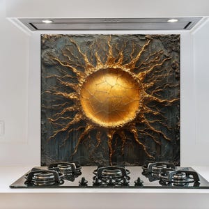 Gold Sun Tempered Glass Kitchen Backsplash - Abstract Art