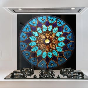 Blue Gold Mandala Tempered Glass Kitchen Backsplash – Stained Glass Mosaic Style Stove Splashback Wall Art