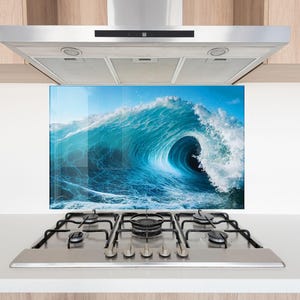 Achterwand van gehard glas Ocean Wave – Spatscherm blauwe zee muurkunst voor moderne keuken, hittebestendig glasdecor