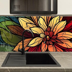 Tempered Glass Kitchen Backsplash, Flower Backsplash, Floral Backsplash for Kitchen Splashback for Stove Back Cover, Backsplash Behind Stove
