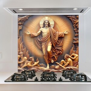Tempered Glass Kitchen Backsplash, Jesus Backsplash, Metal Backsplash for christian Splashback for Stove Back Cover, Backsplash Behind Stove