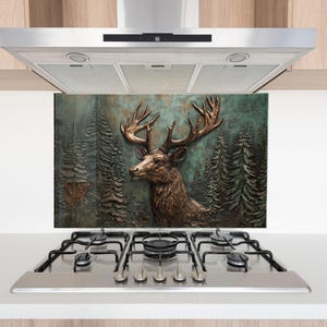 Dosseret de cuisine Deer Forest : panneau mural en verre trempé Rustic Lodge